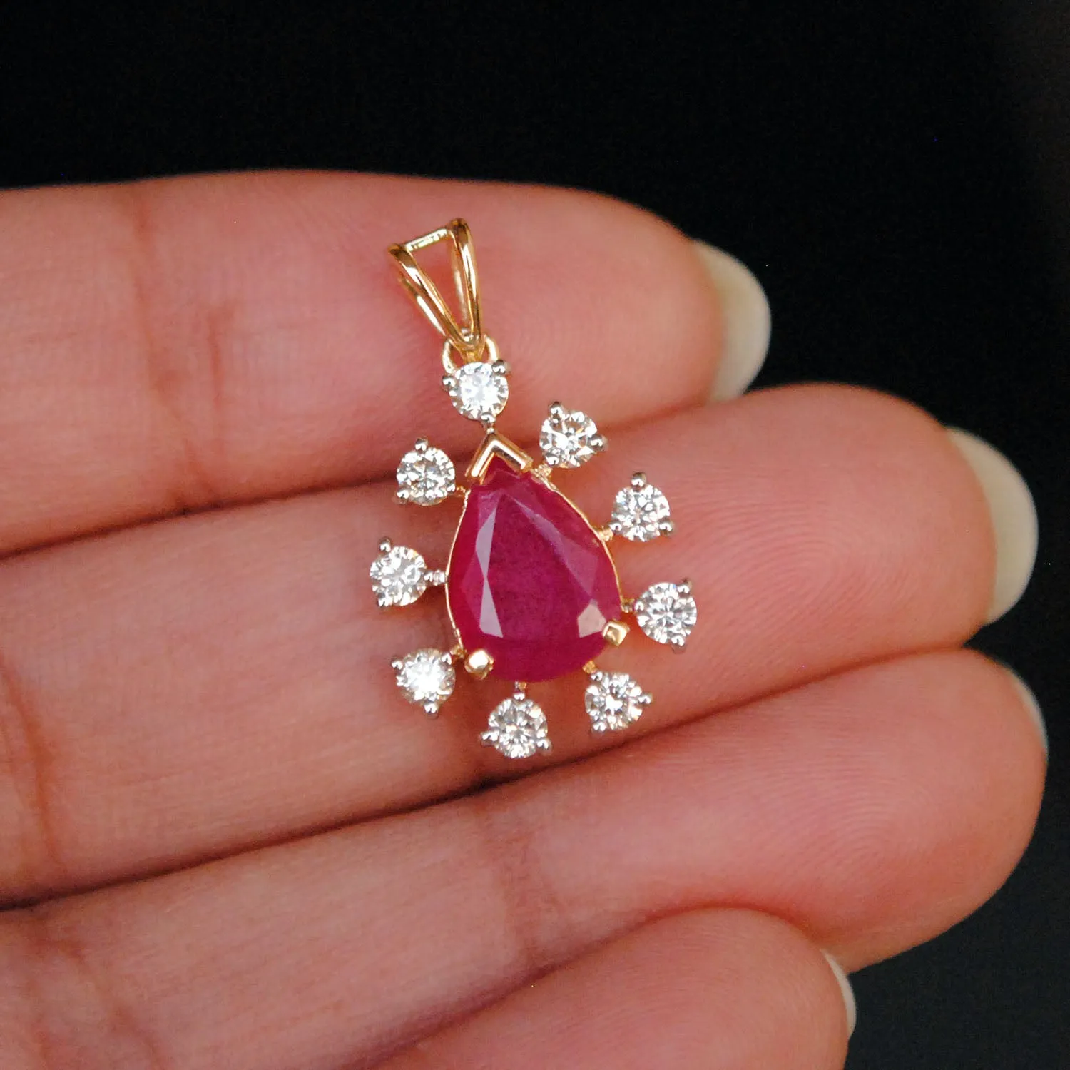 Pear Shaped Ruby and Diamond Halo Pendant in 14K Solid Gold
