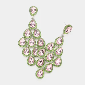 Pink & Green Rhinestone Trim and Teardrop Cluster Vine Pageant Earrings | Big Prom Earrings |  644332