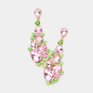 Pink & Green Round and Teardrop Cluster Pageant Earrings | Prom Earrings | 583773
