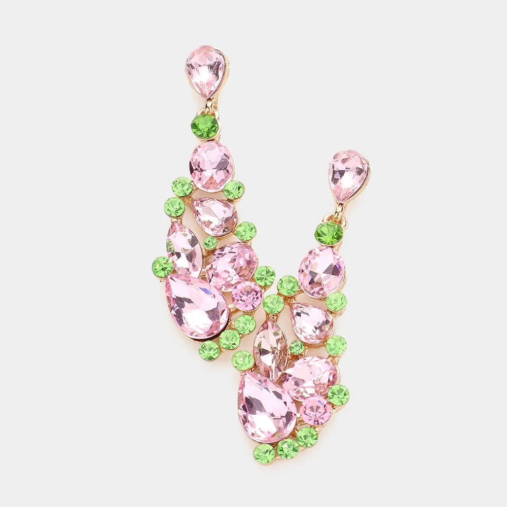 Pink & Green Round and Teardrop Cluster Pageant Earrings | Prom Earrings | 583773