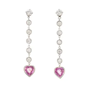 Pink Sapphire Heart Earrings Diamond Estate 14k White Gold 1.25" Drops Jewelry