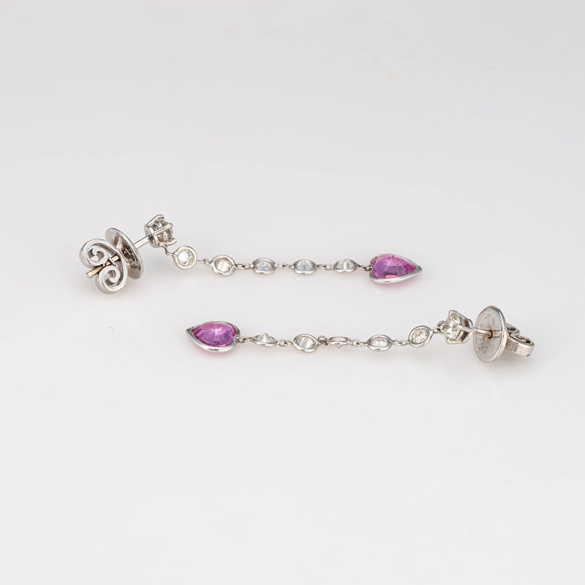 Pink Sapphire Heart Earrings Diamond Estate 14k White Gold 1.25" Drops Jewelry