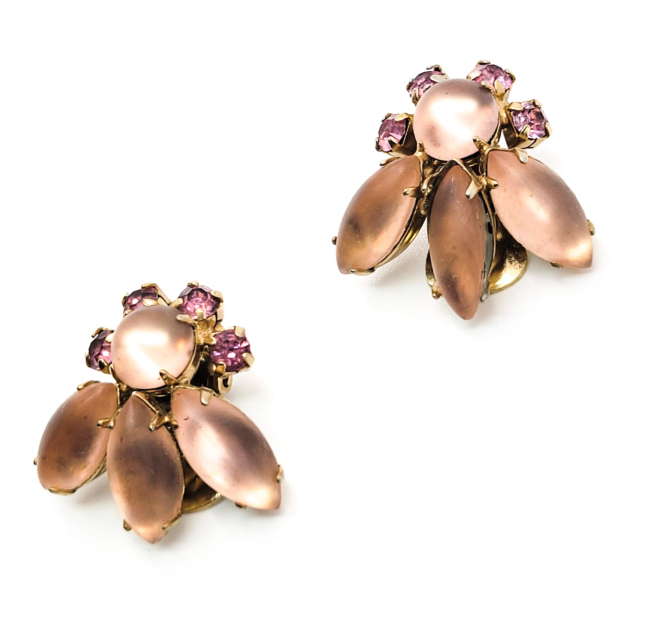 Pink Satin glass vintage rhinestone cluster clip on earrings mid century