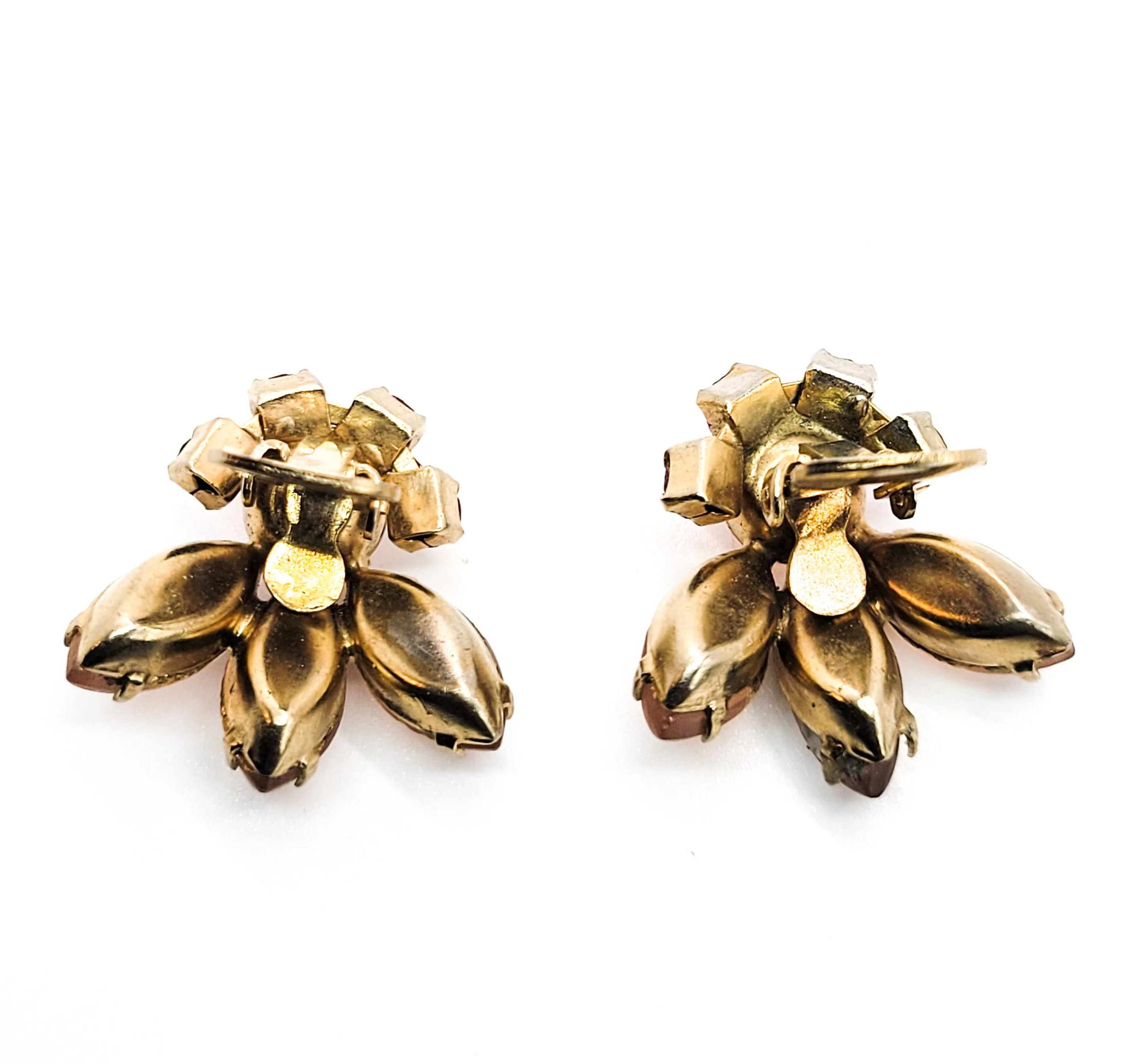 Pink Satin glass vintage rhinestone cluster clip on earrings mid century
