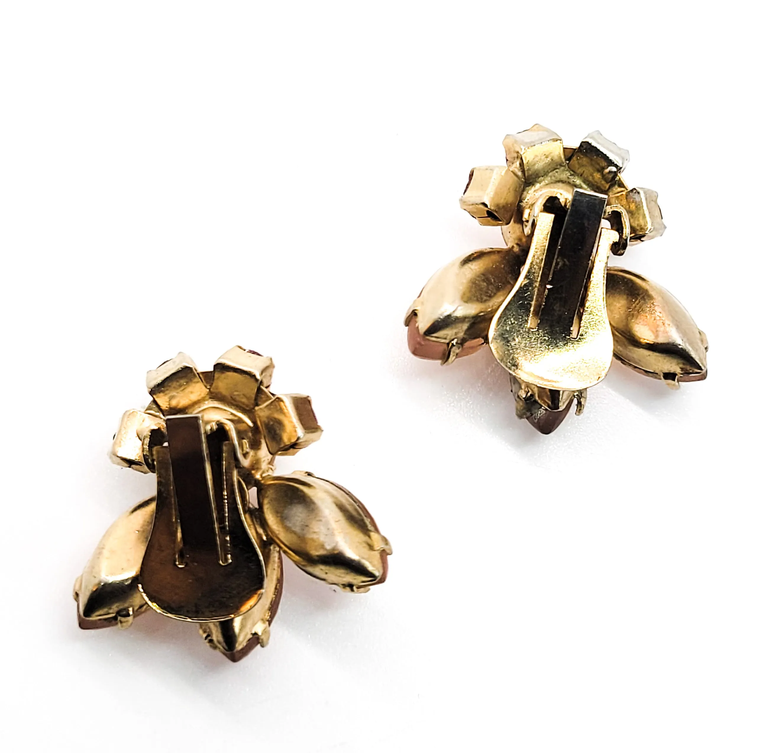 Pink Satin glass vintage rhinestone cluster clip on earrings mid century