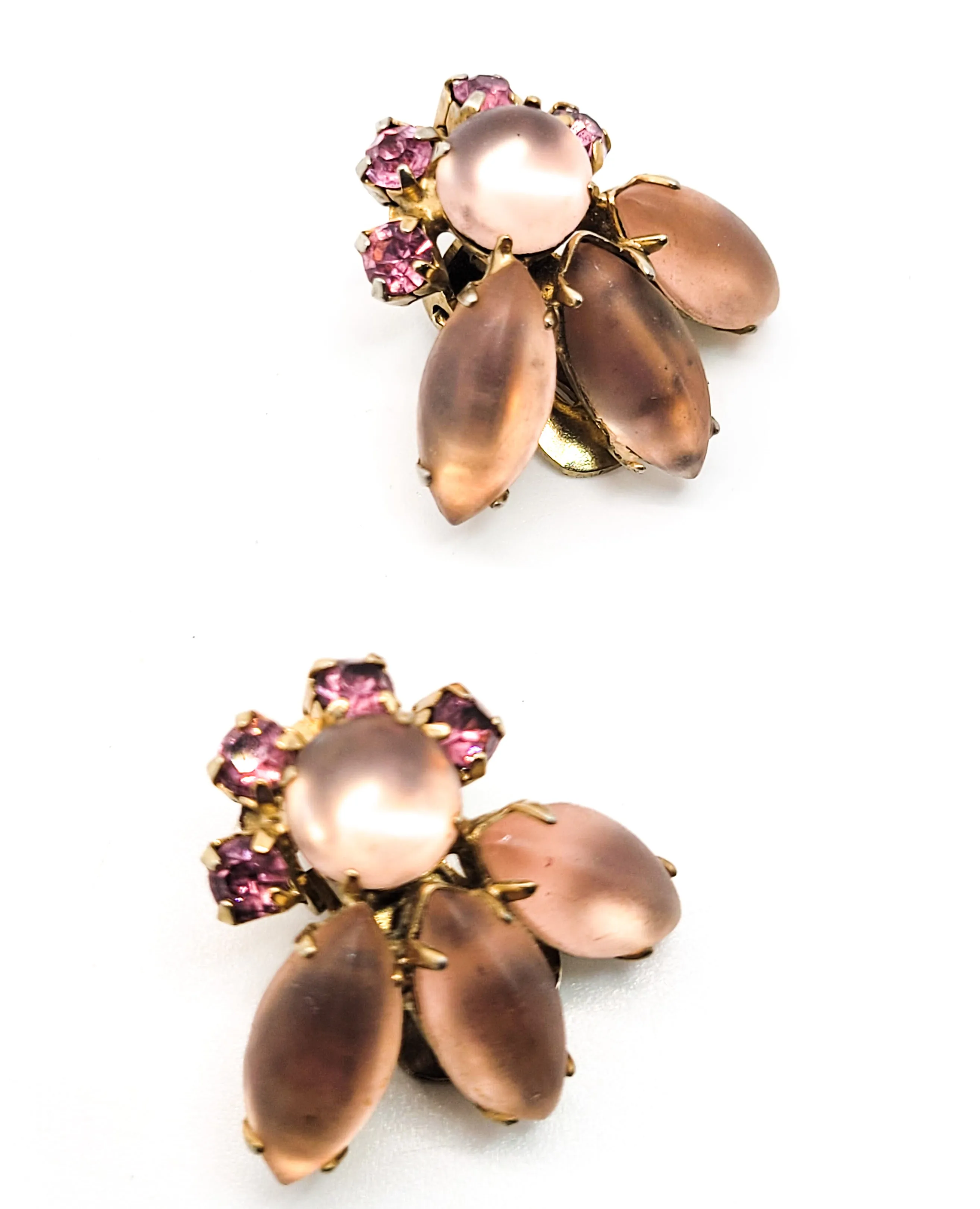 Pink Satin glass vintage rhinestone cluster clip on earrings mid century