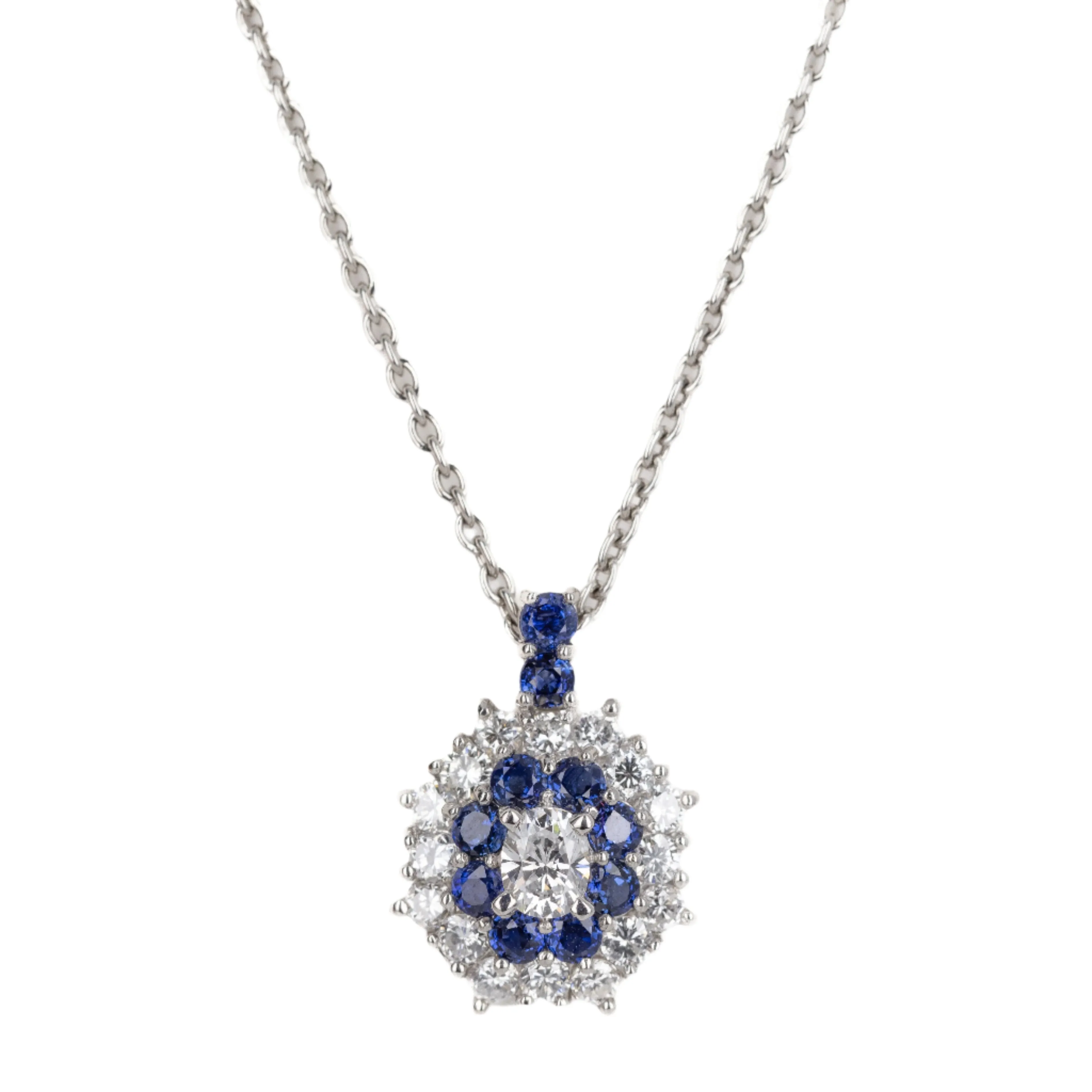 Platinum 0.36 Carat Oval Diamond Sapphire Halo Pendant Necklace