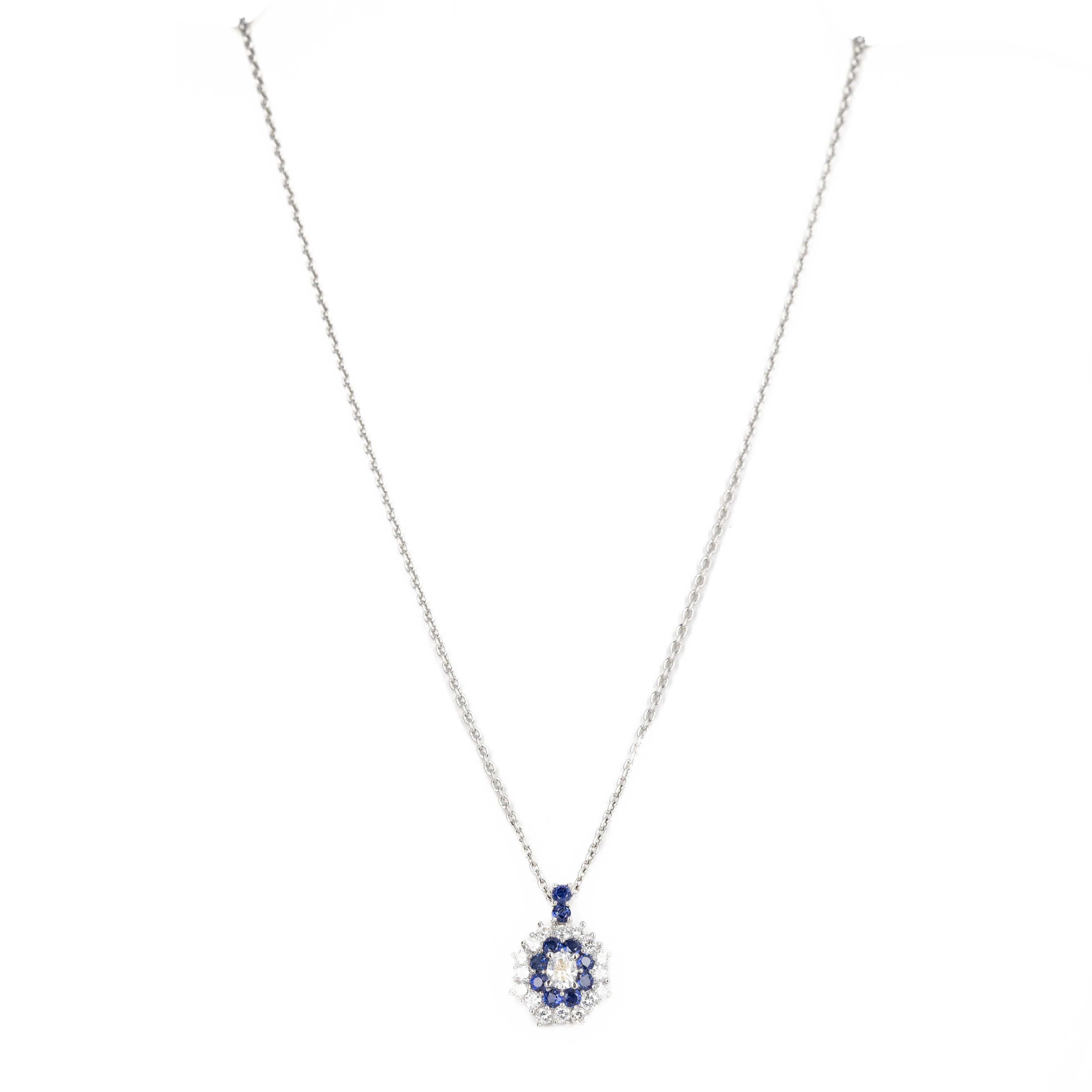 Platinum 0.36 Carat Oval Diamond Sapphire Halo Pendant Necklace