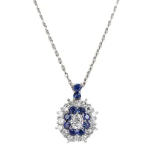 Platinum 0.36 Carat Oval Diamond Sapphire Halo Pendant Necklace