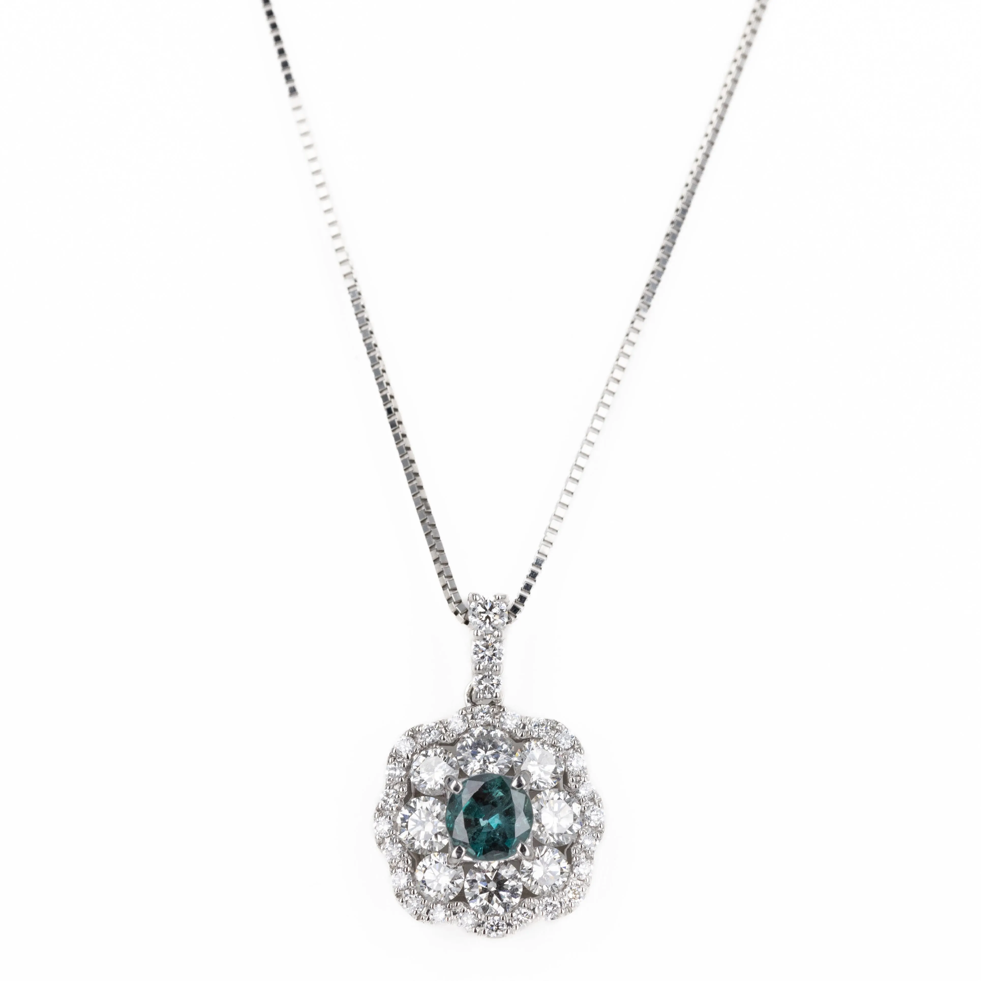 Platinum 0.44 Carat Round Alexandrite Diamond Halo Pendant Necklace