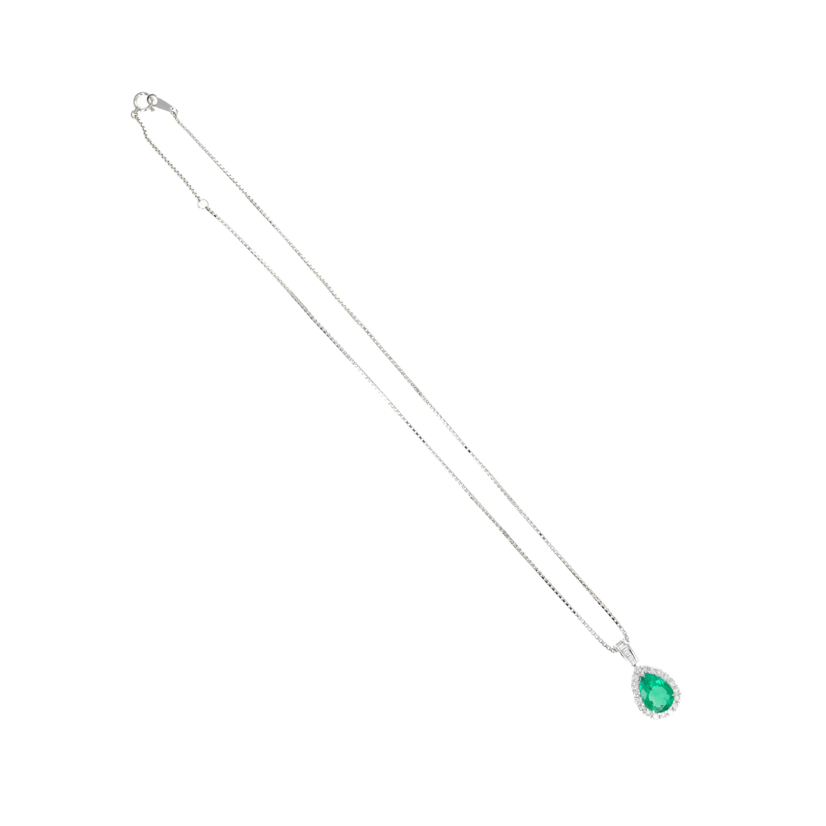 Platinum 2.05 Carat Pear Colombian Emerald Diamond Halo Pendant Necklace
