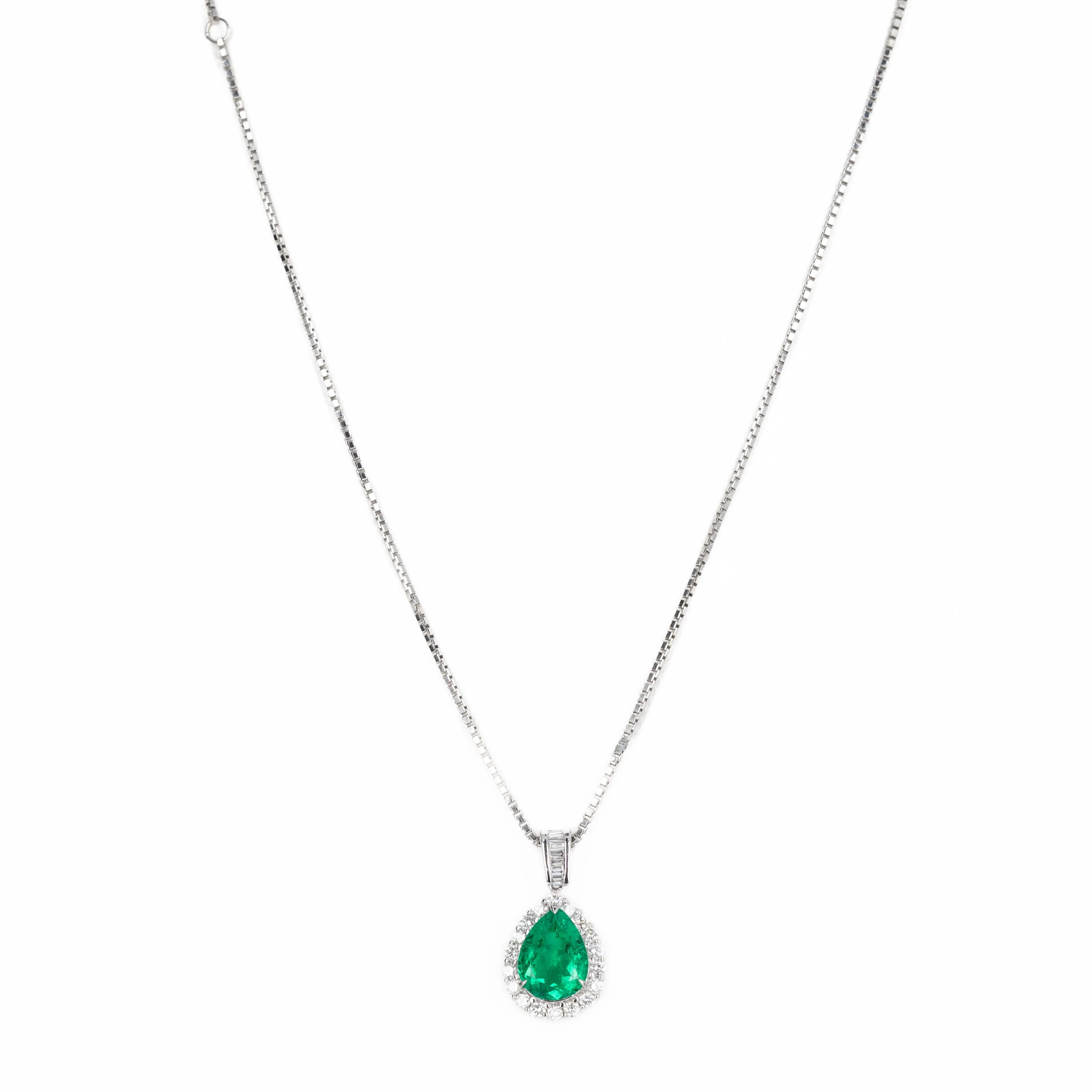 Platinum 2.05 Carat Pear Colombian Emerald Diamond Halo Pendant Necklace