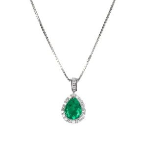 Platinum 2.05 Carat Pear Colombian Emerald Diamond Halo Pendant Necklace
