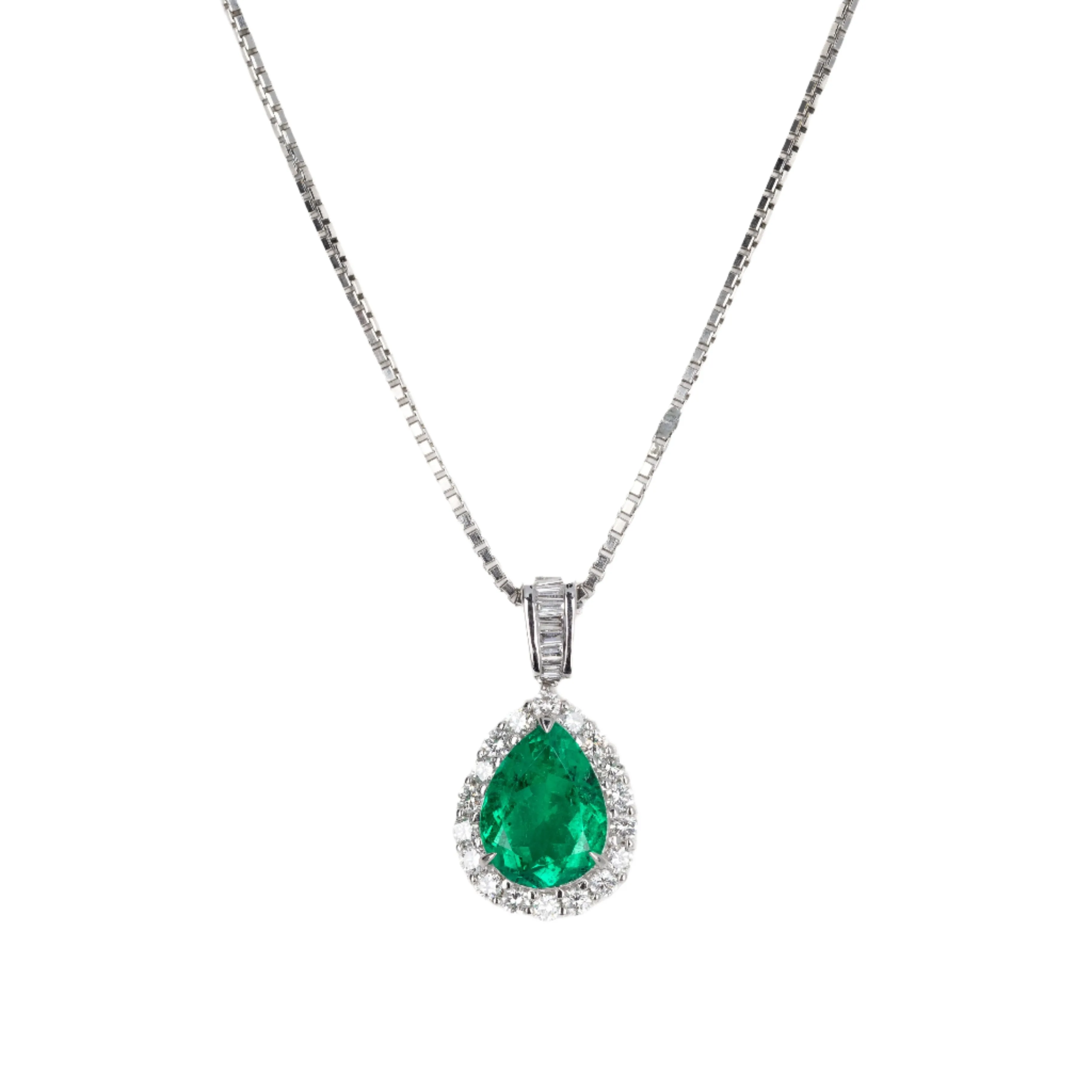 Platinum 2.05 Carat Pear Colombian Emerald Diamond Halo Pendant Necklace