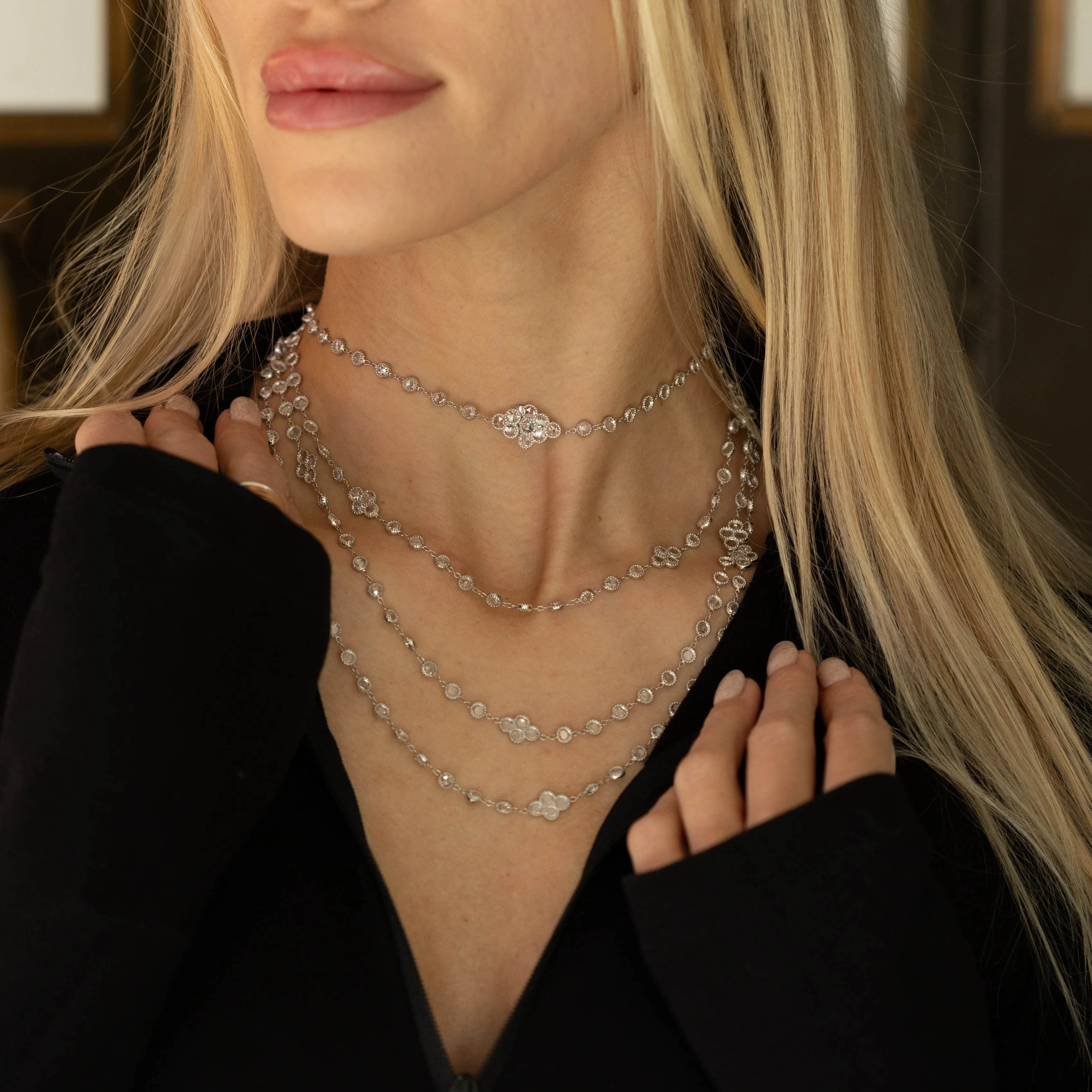 Platinum 27.96 Carat Rose Cut Diamond Layering Necklace