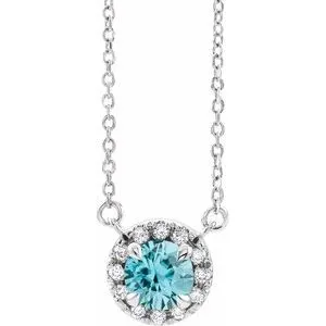 Platinum 4 mm Natural Blue Zircon & .05 CTW Natural Diamond 18" Necklace