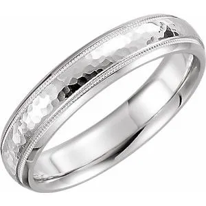 Platinum 5 mm Half Round Band with Hammer Finish & Milgrain Size 10