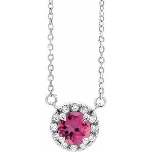 Platinum 5.5 mm Natural Pink Tourmaline 1/10 CTW Natural Diamond 18" Necklace