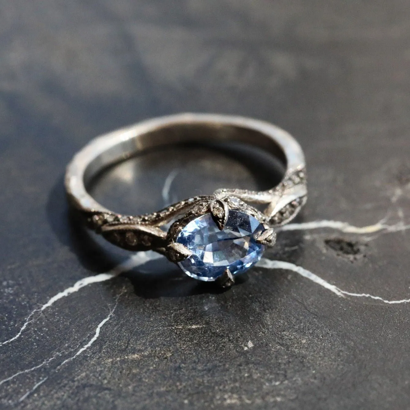 Platinum and Blue Sapphire "Petal Side" Ring