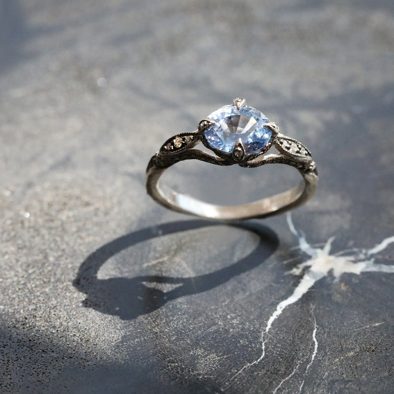 Platinum and Blue Sapphire "Petal Side" Ring