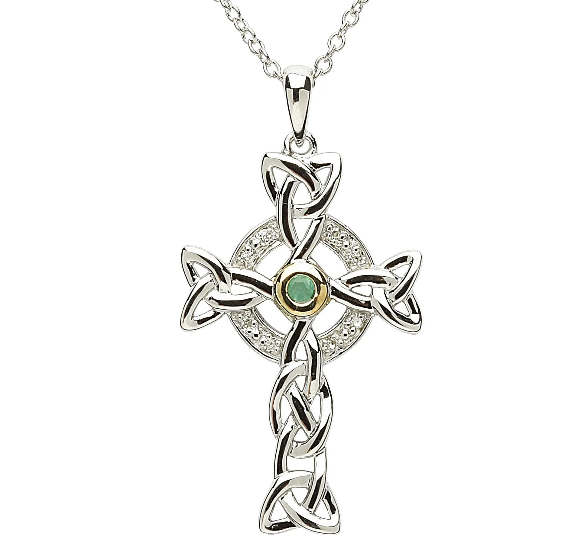 Platinum Plated Celtic Cross necklace With Green Centre & Clear Crystal
