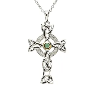 Platinum Plated Celtic Cross necklace With Green Centre & Clear Crystal