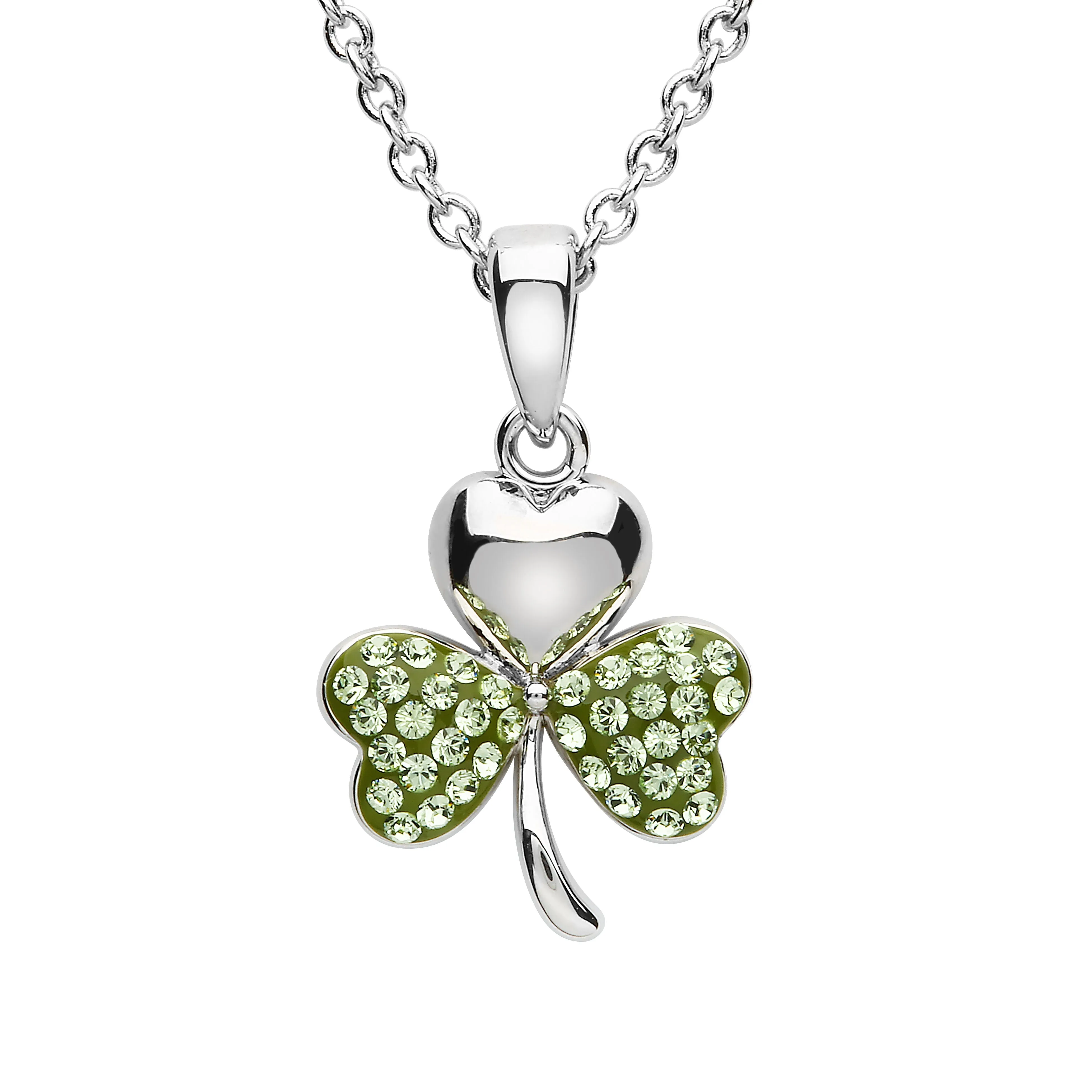 Platinum Plated Shamrock necklace With Peridot Crystals On Two Leaves