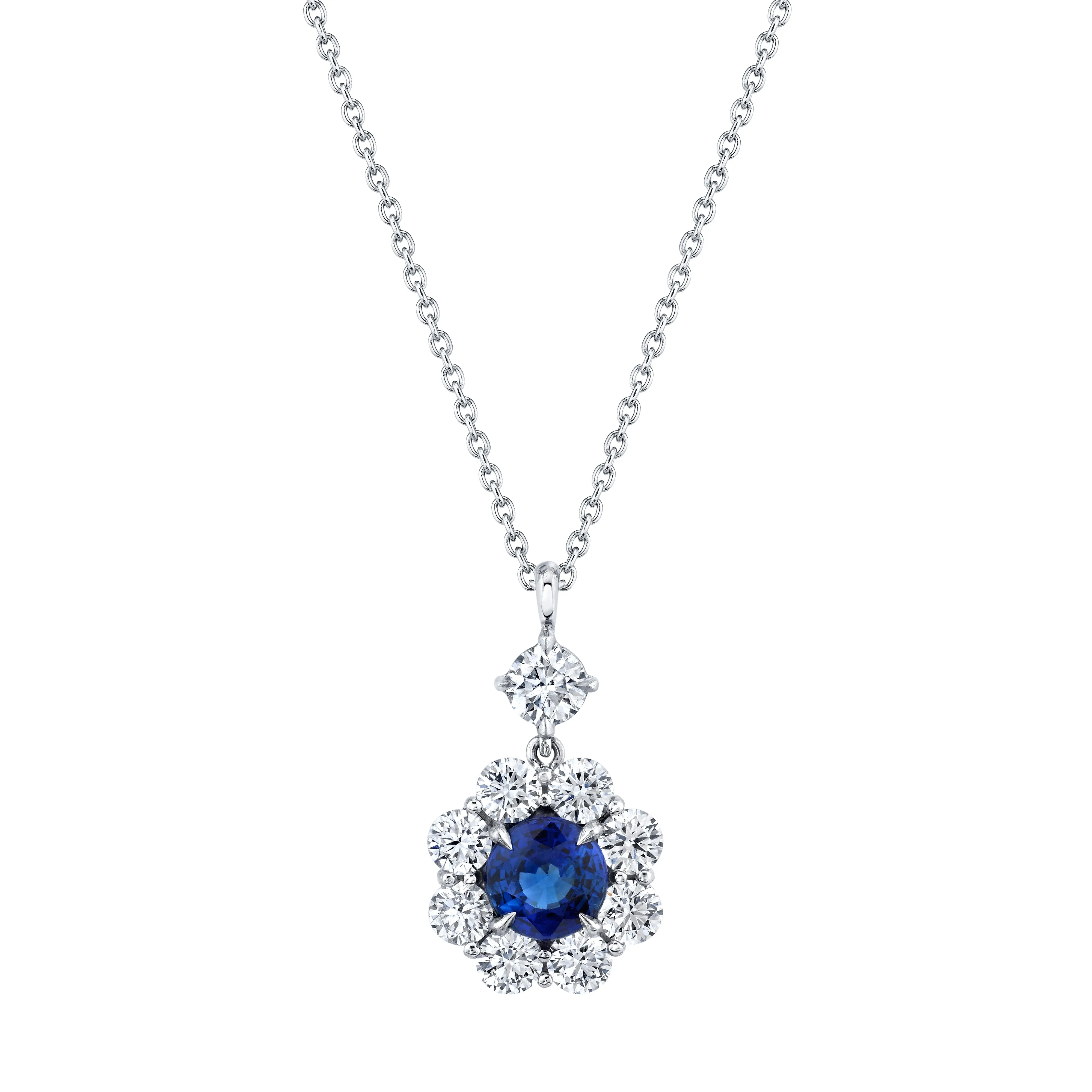 Platinum Sapphire And Diamond Halo Necklace (2.44ct)