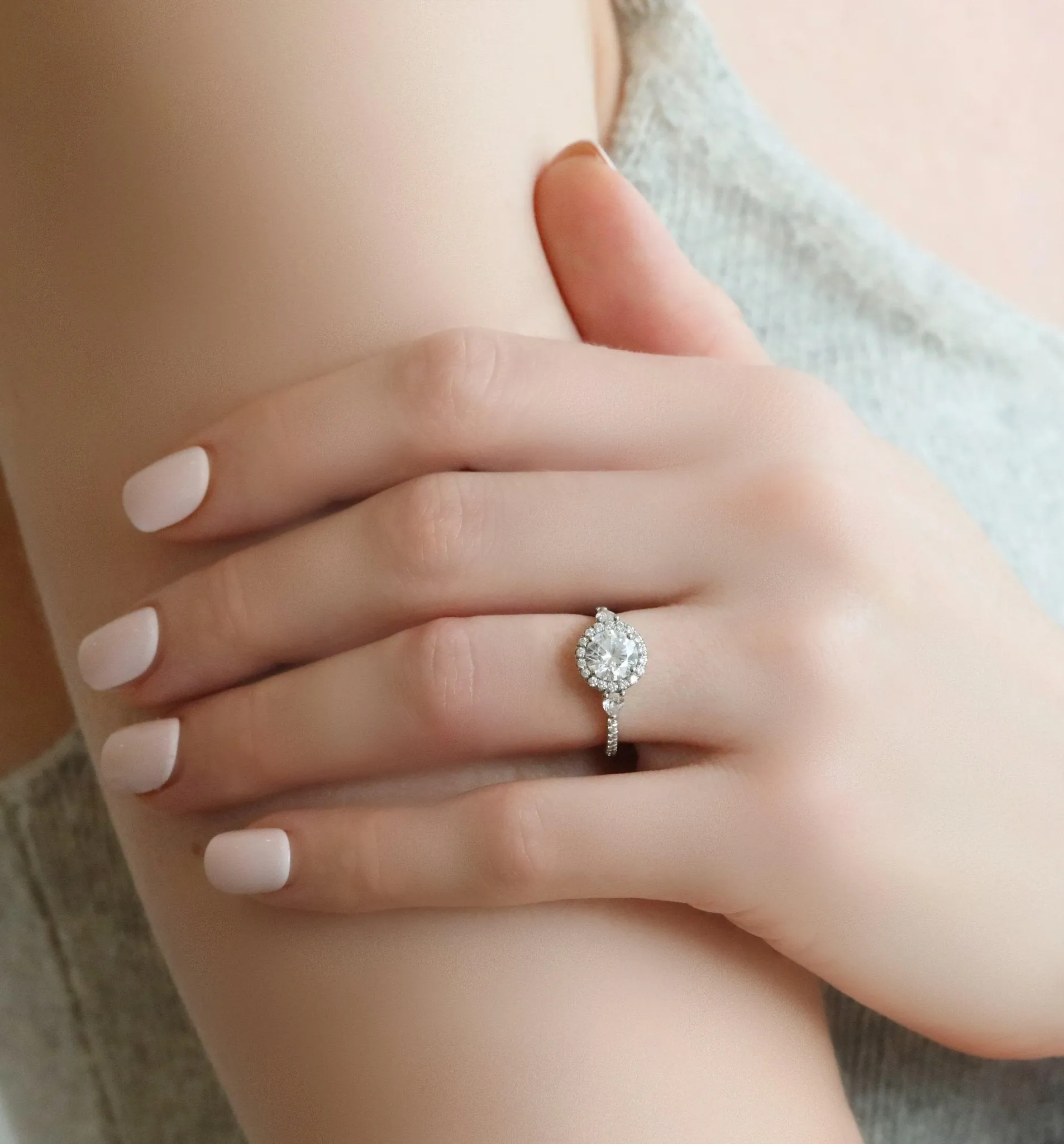 Platinum Three Stone Halo Ring Mount with Pave Diamond Band