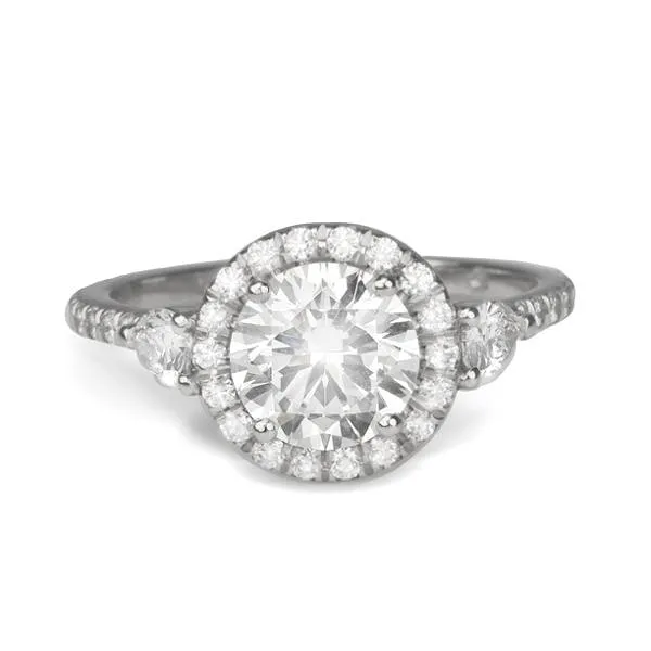 Platinum Three Stone Halo Ring Mount with Pave Diamond Band