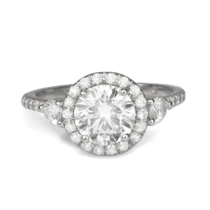 Platinum Three Stone Halo Ring Mount with Pave Diamond Band
