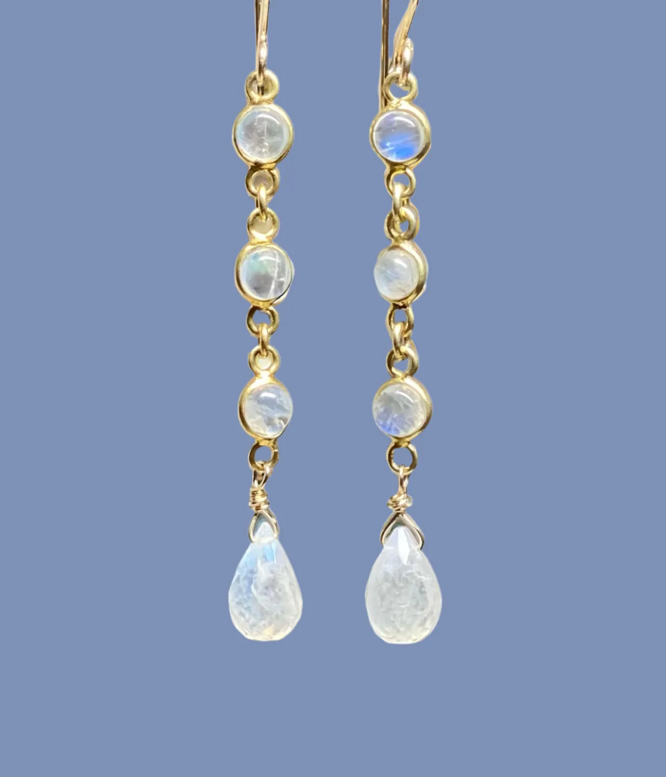 Rainbow Moonstone Teardrop Triple Dangle Earrings Gold Fill