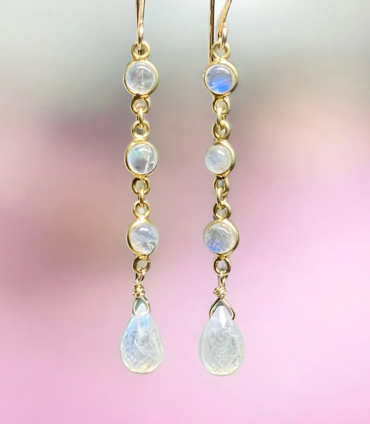 Rainbow Moonstone Teardrop Triple Dangle Earrings Gold Fill
