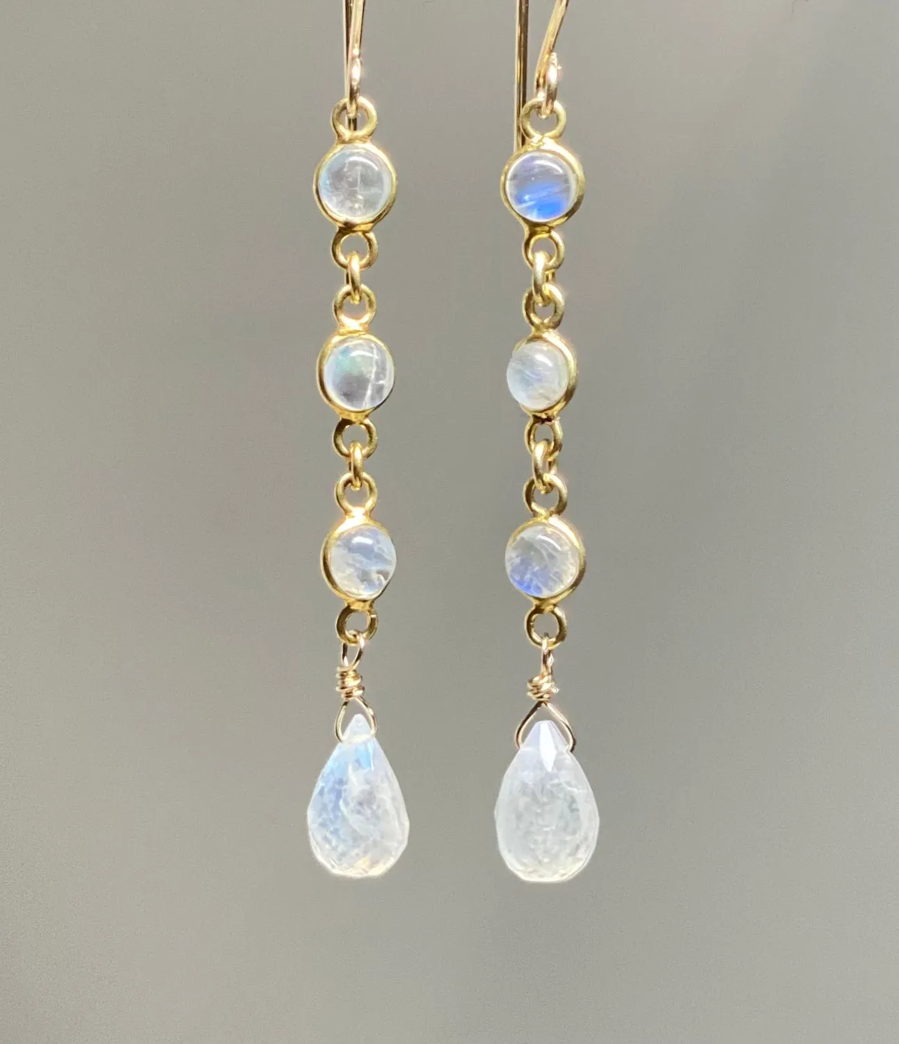 Rainbow Moonstone Teardrop Triple Dangle Earrings Gold Fill