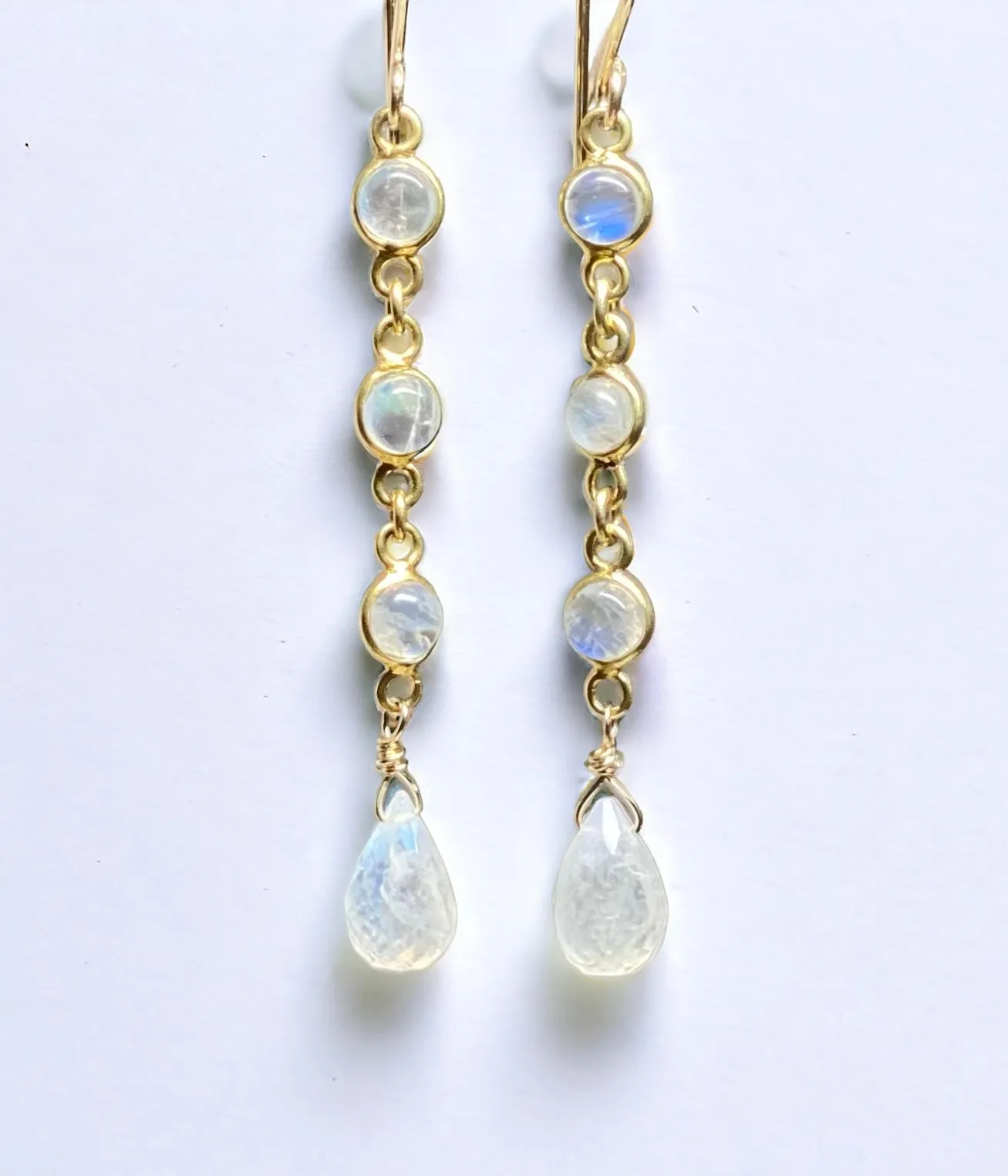 Rainbow Moonstone Teardrop Triple Dangle Earrings Gold Fill