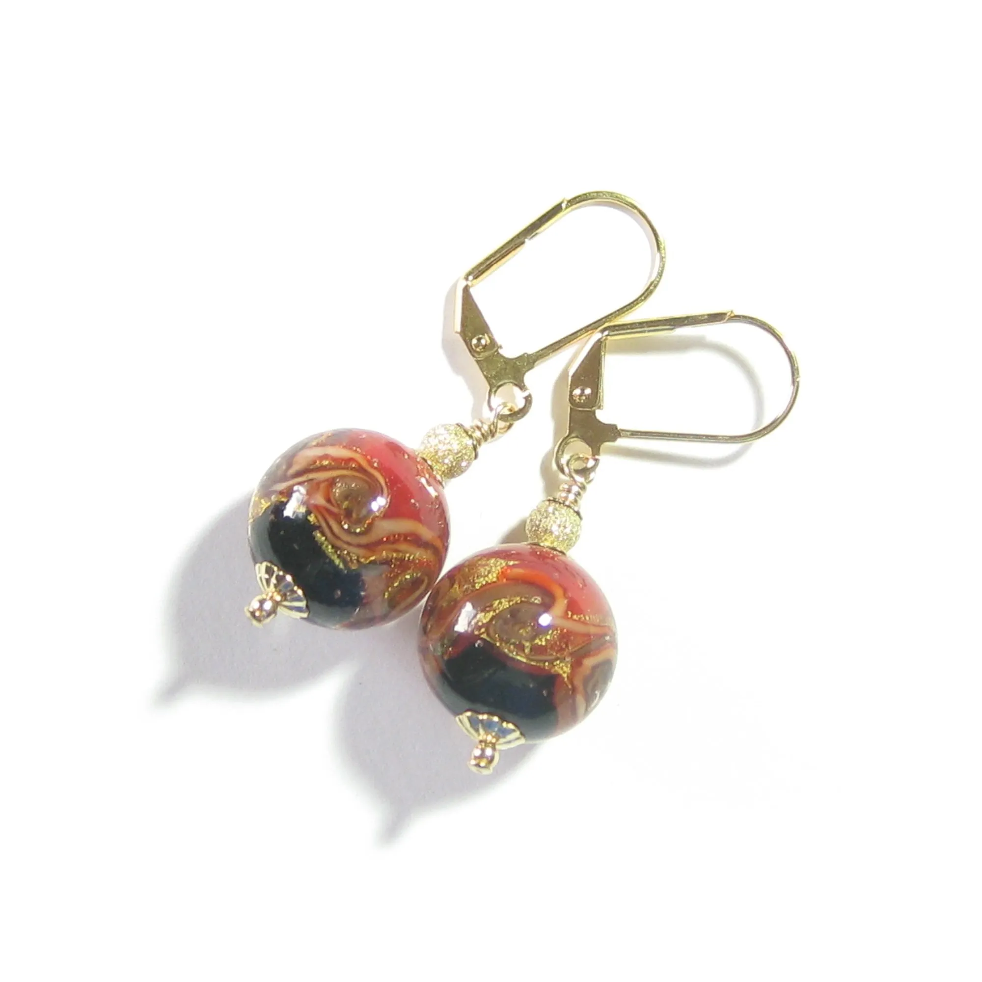 Red Black Murano Glass Gold Earrings - Handcrafted Italian Beads
