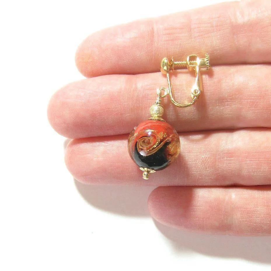 Red Black Murano Glass Gold Earrings - Handcrafted Italian Beads