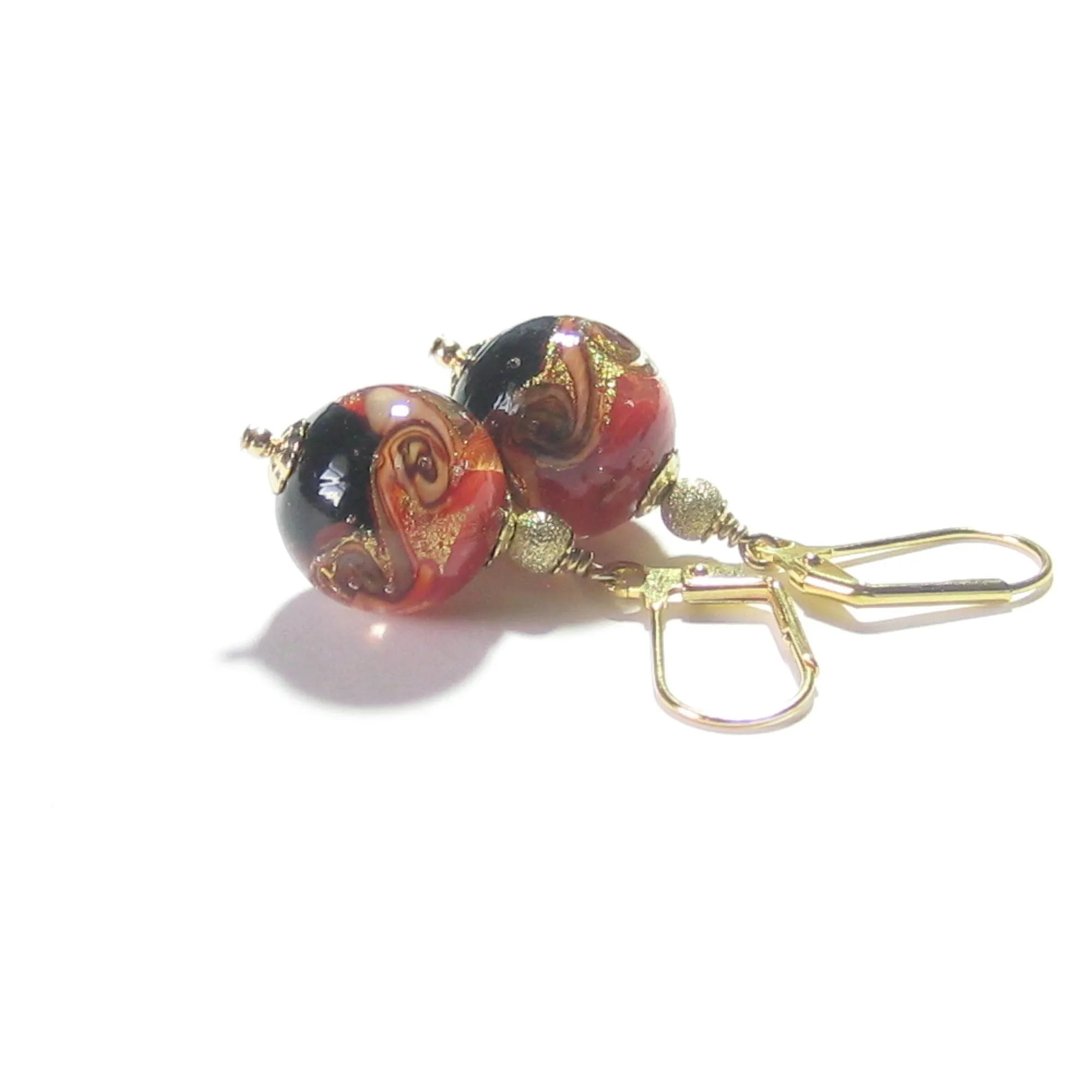 Red Black Murano Glass Gold Earrings - Handcrafted Italian Beads
