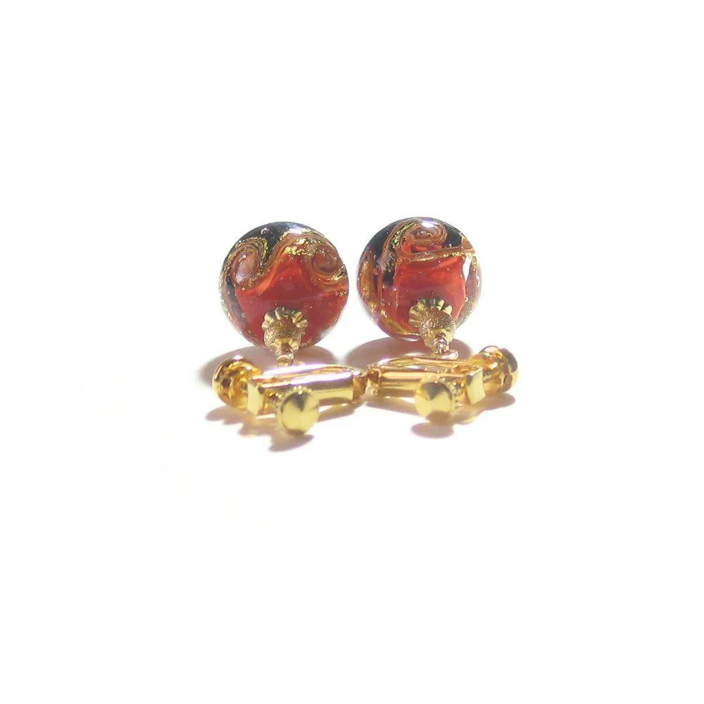 Red Black Murano Glass Gold Earrings - Handcrafted Italian Beads