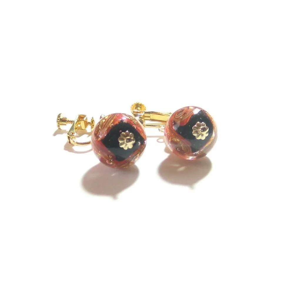 Red Black Murano Glass Gold Earrings - Handcrafted Italian Beads