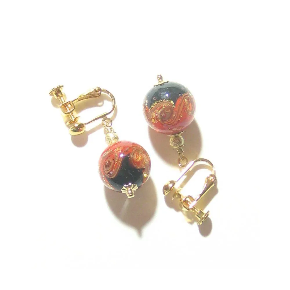 Red Black Murano Glass Gold Earrings - Handcrafted Italian Beads