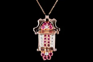 Retro 14K Rose Gold Natural Ruby & Diamond Watch Conversion Pendant Necklace