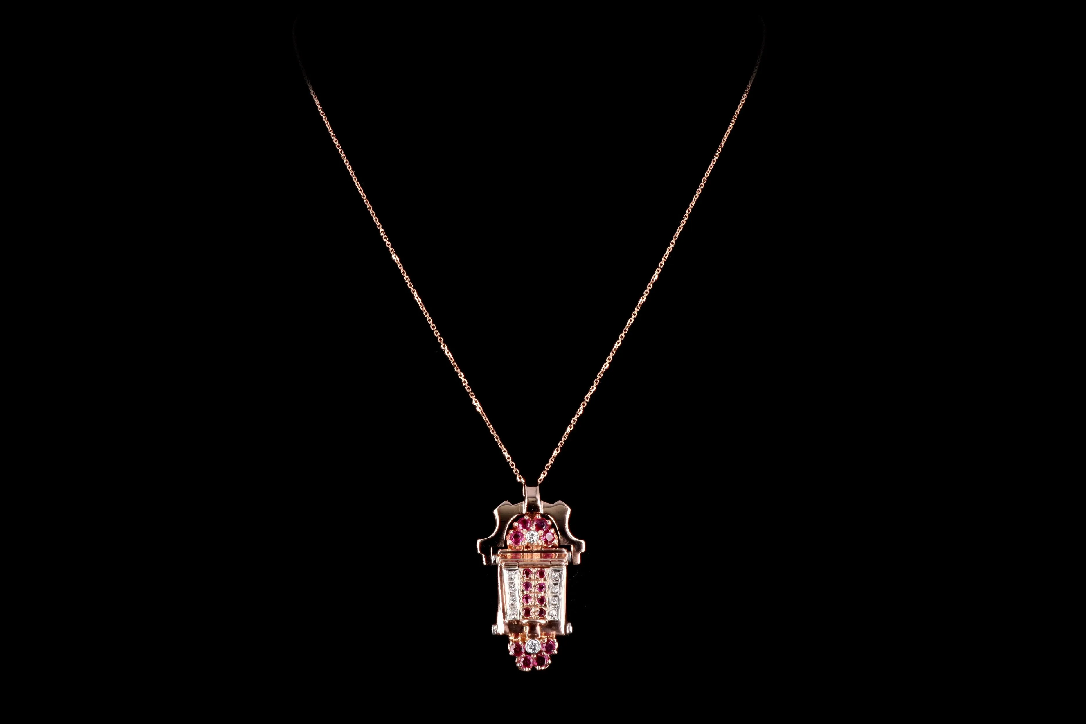 Retro 14K Rose Gold Natural Ruby & Diamond Watch Conversion Pendant Necklace