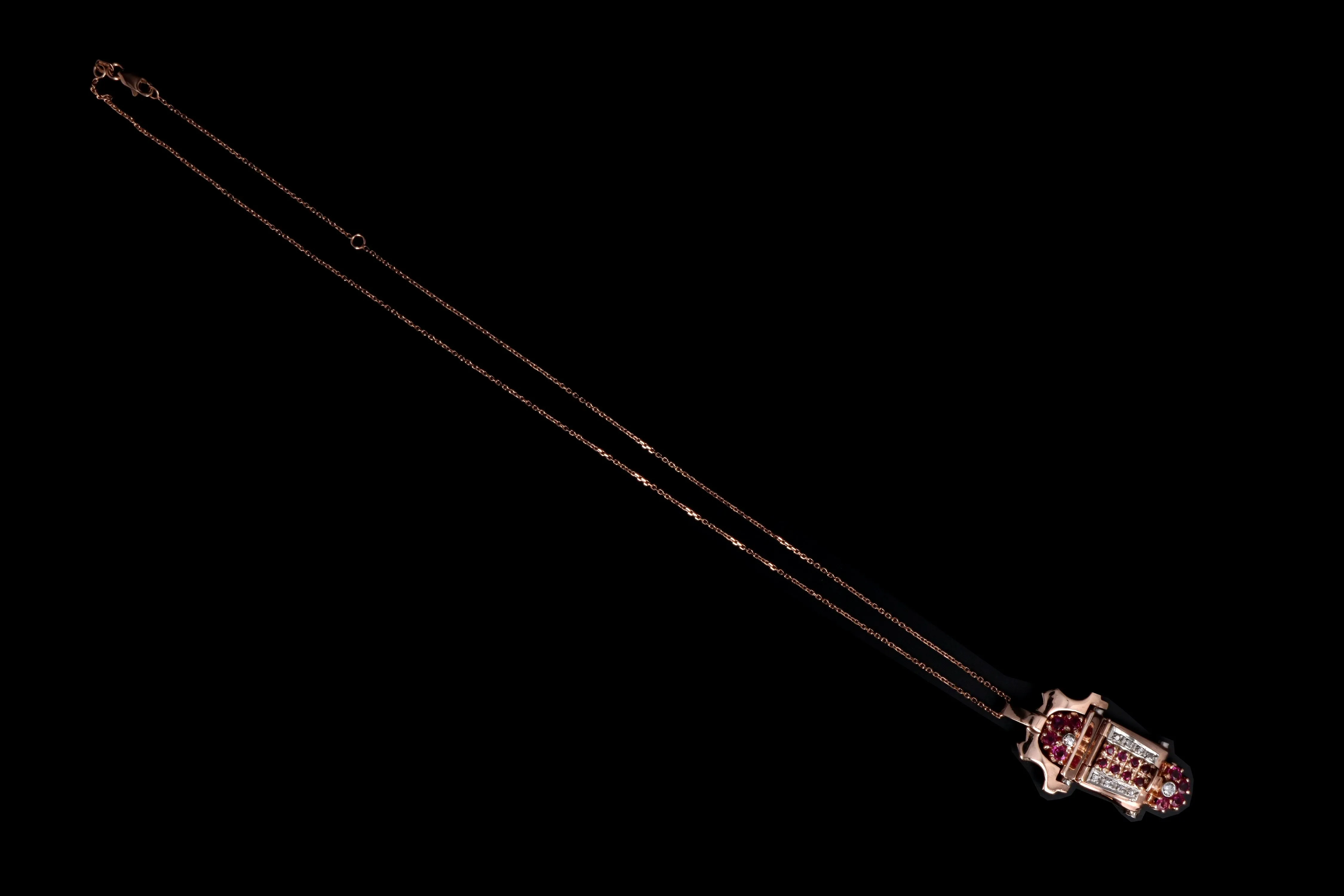 Retro 14K Rose Gold Natural Ruby & Diamond Watch Conversion Pendant Necklace