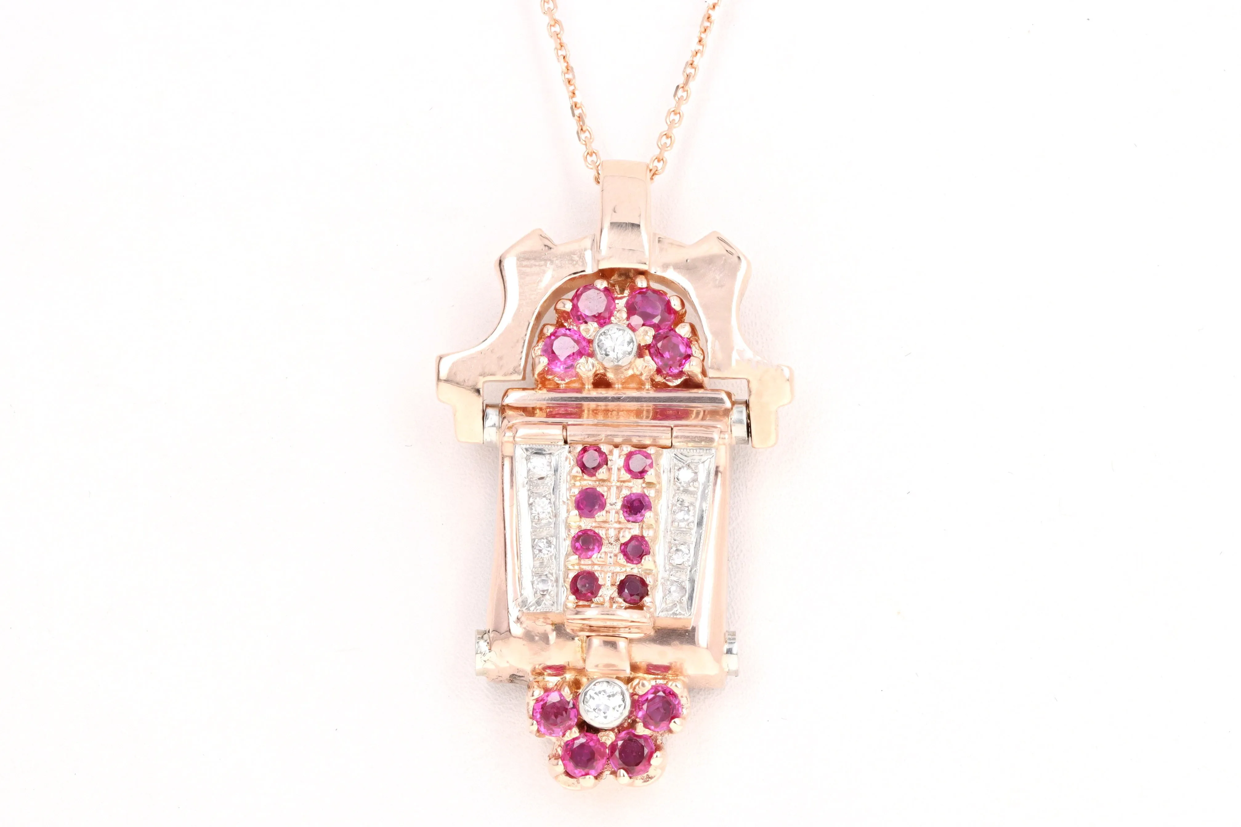 Retro 14K Rose Gold Natural Ruby & Diamond Watch Conversion Pendant Necklace