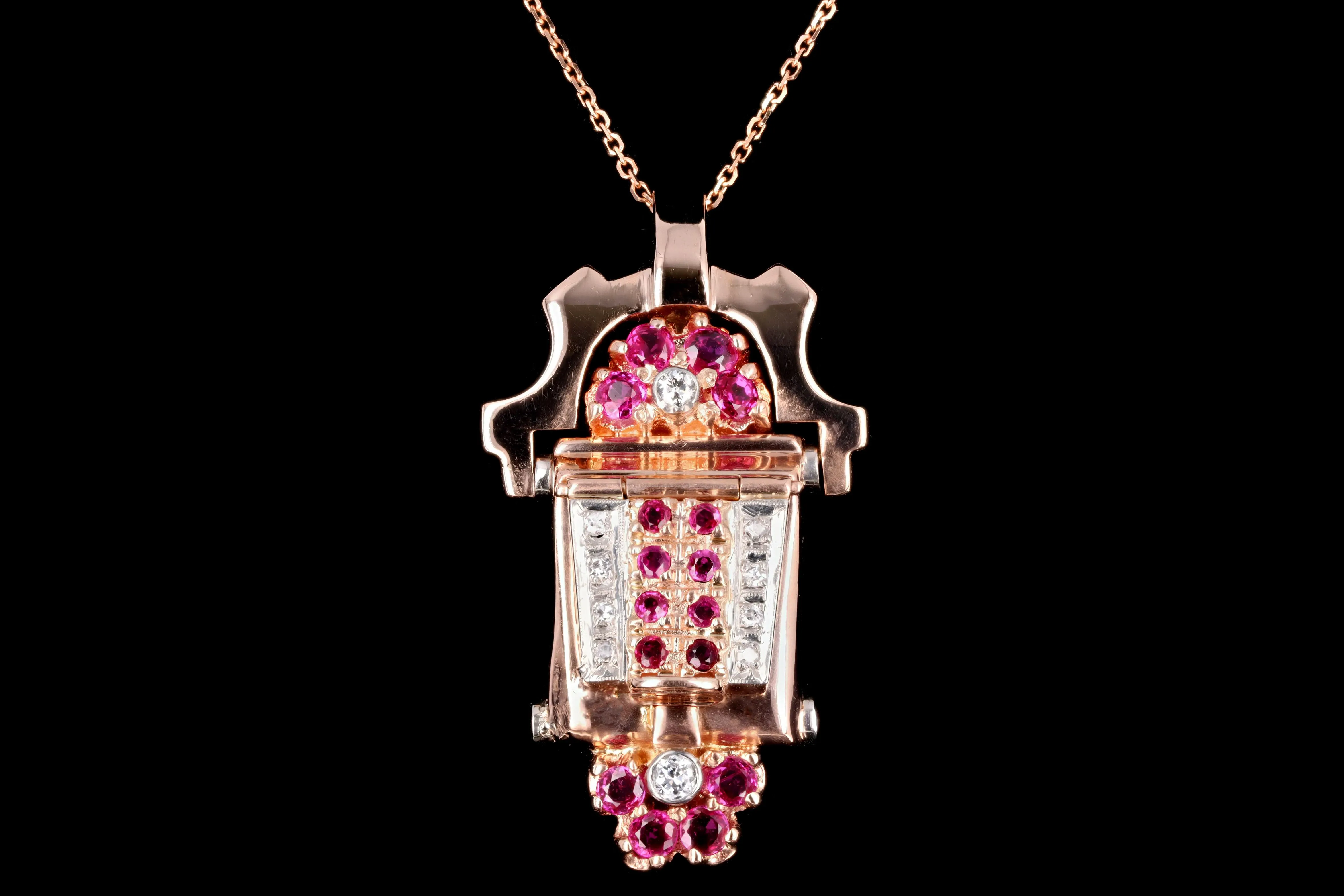 Retro 14K Rose Gold Natural Ruby & Diamond Watch Conversion Pendant Necklace