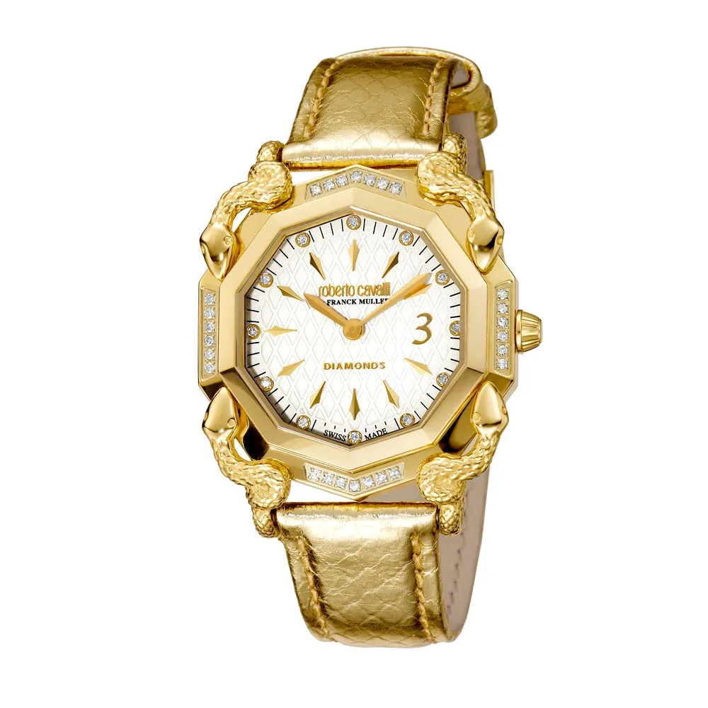 Roberto Cavalli Ladies Watch White Dial With Snake Skin Leather Strap & Diamond