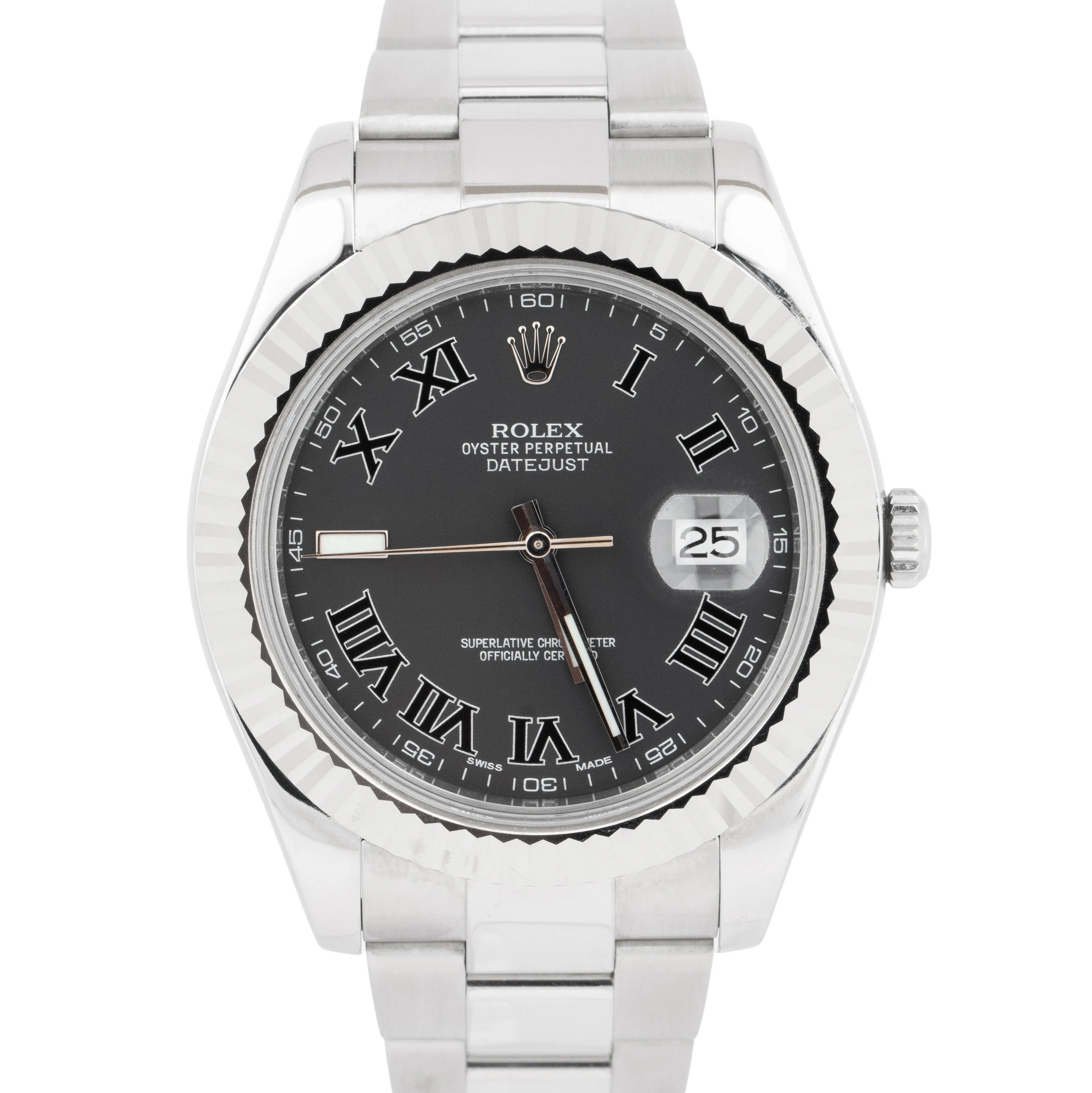 Rolex DateJust II Gray Black Roman Dial 41MM Steel 18K White Gold Watch 116334
