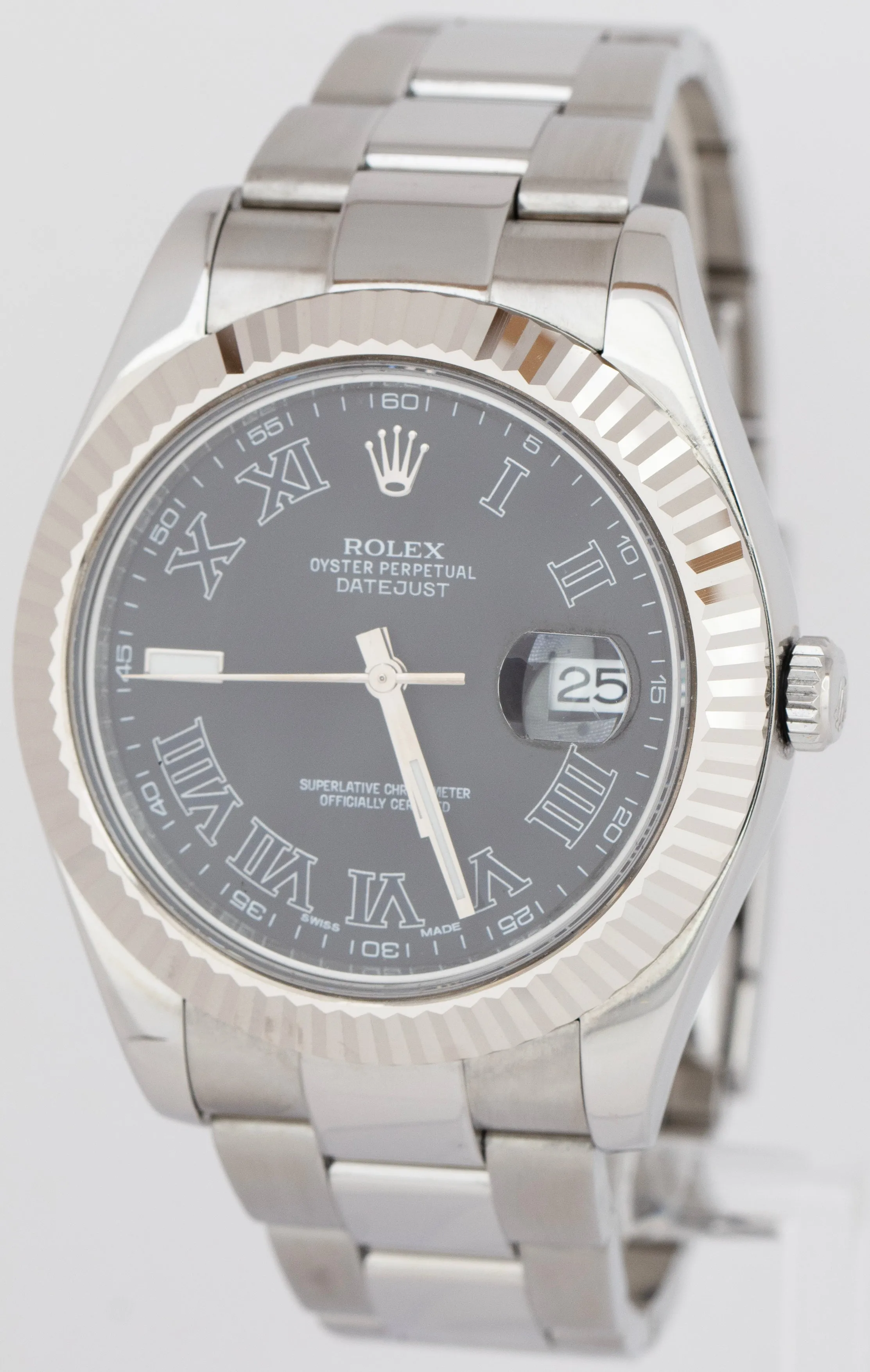 Rolex DateJust II Gray Black Roman Dial 41MM Steel 18K White Gold Watch 116334