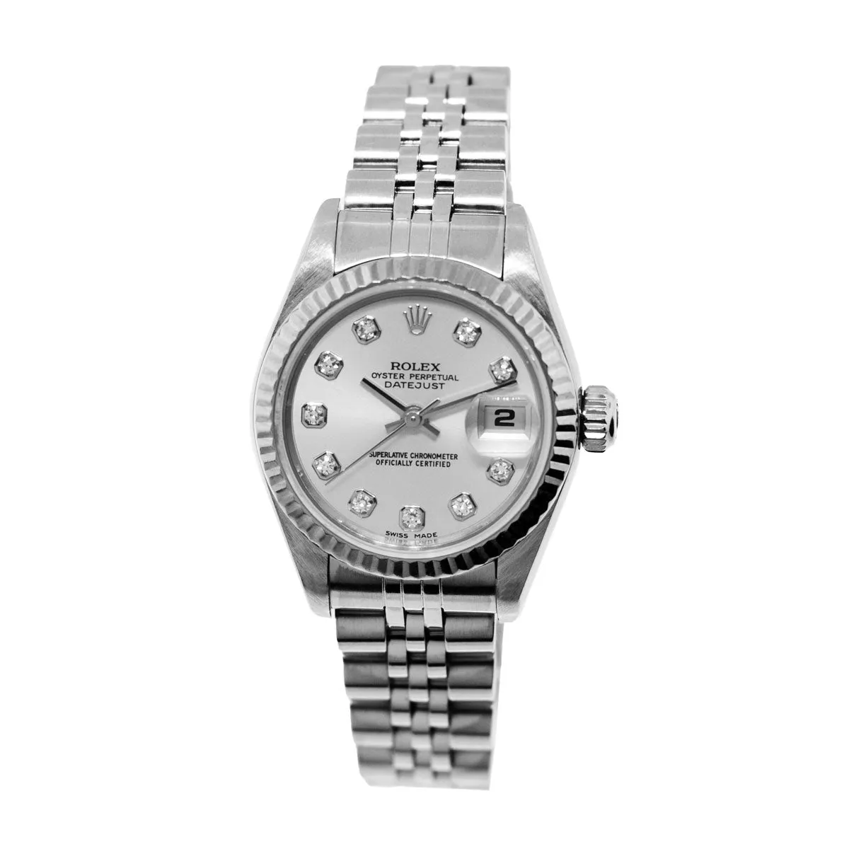 Rolex Lady-Datejust 26mm 18K White Gold and Stainless Steel Silver Diamond Dial Fluted Bezel 79174